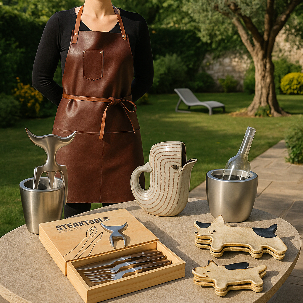 Une personne vêtue d'un tablier marron se tient derrière une table à l'extérieur et présente des ustensiles pour steak, deux griffes à viande en métal, un pichet en céramique rayé, une bouteille de vin dans un refroidisseur et des plateaux de service en forme de vache.