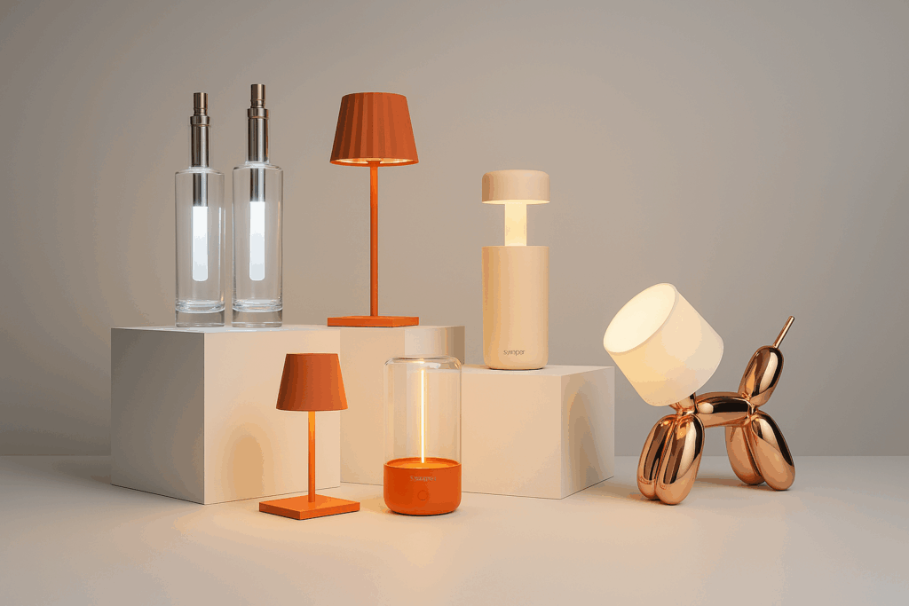 Un groupe de lampes de table modernes de styles, de formes et de couleurs différents est présenté sur des blocs blancs à côté d'une sculpture métallique brillante de chien en forme de ballon, le tout sur un fond neutre.