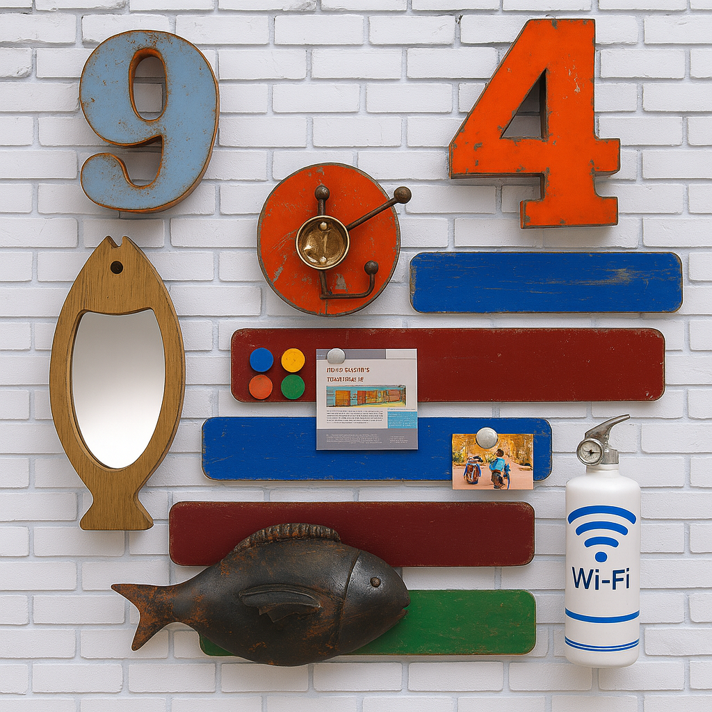 Un mur de briques blanches décoré de chiffres en bois colorés, de miroirs en forme de poisson, de planches peintes, de boutons, d'un extincteur étiqueté "Wi-Fi" et de photos épinglées sur des tableaux.