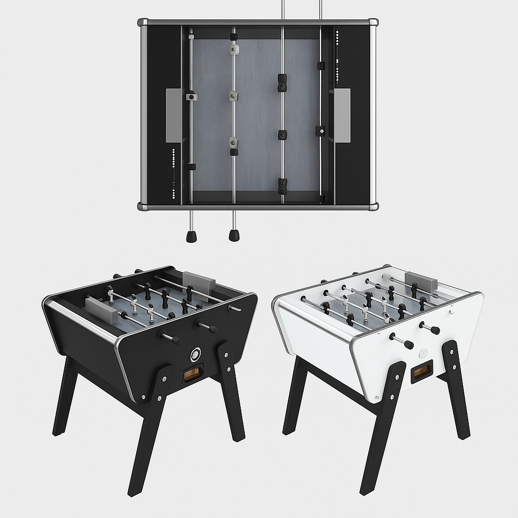 Deux baby-foot modernes, l'un noir et l'autre blanc, sont présentés côte à côte. Au-dessus d'eux se trouve une vue de haut en bas d'un baby-foot, montrant les tiges, les poignées et le terrain de jeu. Le design est épuré et minimaliste.