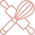Dessin au trait simple d'un rouleau à pâtisserie et d'un fouet croisés l'un sur l'autre, représentés en rose clair sur un fond clair.