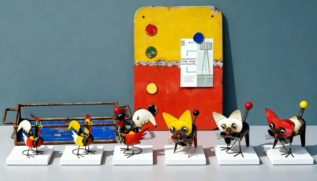 Six sculptures métalliques colorées et fantaisistes sont présentées sur des supports blancs. Derrière elles se trouvent un panneau jaune et rouge usé par les intempéries, un plateau métallique bleu et un prospectus épinglé sur le panneau. L'arrière-plan est un mur gris uni.