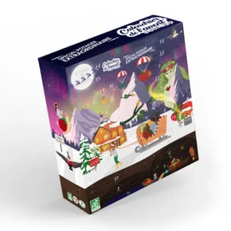 Le Calendrier Avent potager est une boîte de calendrier de l'Avent illustrée représentant une montagne enneigée, des maisons douillettes, le Père Noël sur un traîneau, des enfants enjoués, des personnages fantaisistes, dont une grande femme verte, et des montgolfières dans un ciel nocturne éclatant.