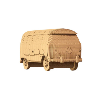 Puzzle 3D VW T1 Cartonic est un modèle en carton superposé d'une camionnette ancienne, assemblé avec des pièces découpées pour un effet 3D et présenté sur un fond blanc uni.