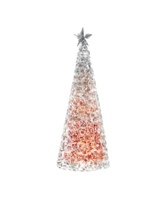 Le Sapin lumineux Glamour 33 cm est un sapin de Noël décoratif en verre avec une surface texturée, qui brille avec des lumières orange chaudes à l'intérieur et qui est surmonté d'une étoile argentée.