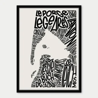 Affiche Bassin Arcachon : Illustration graphique en noir et blanc d'un surfeur surfant sur une vague, la planche de surf et la vague étant formées de mots et de noms de lieux français en gras, encadrés par une simple bordure noire.