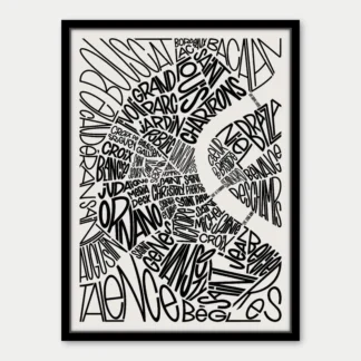 Affiche quartiers Bordeaux : art noir et blanc listant les quartiers et banlieues de Bordeaux dans un dessin en spirale se chevauchant. Encadré en noir.