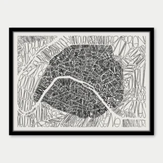 Affiche quartiers Paris" présente une œuvre d'art en noir et blanc soulignée et ombrée de mots et de phrases écrits à la main dans des tailles et des directions différentes, formant la forme et les lignes du dessin.