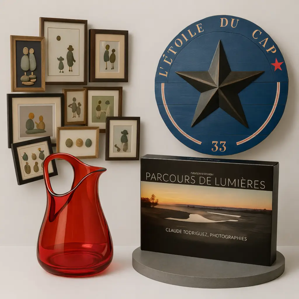 Un pichet en verre rouge, un grand livre et un panneau circulaire bleu avec une étoile sont exposés sur des étagères. Derrière eux, des œuvres d'art abstraites encadrées représentant des figures minimalistes sont accrochées à un mur blanc.