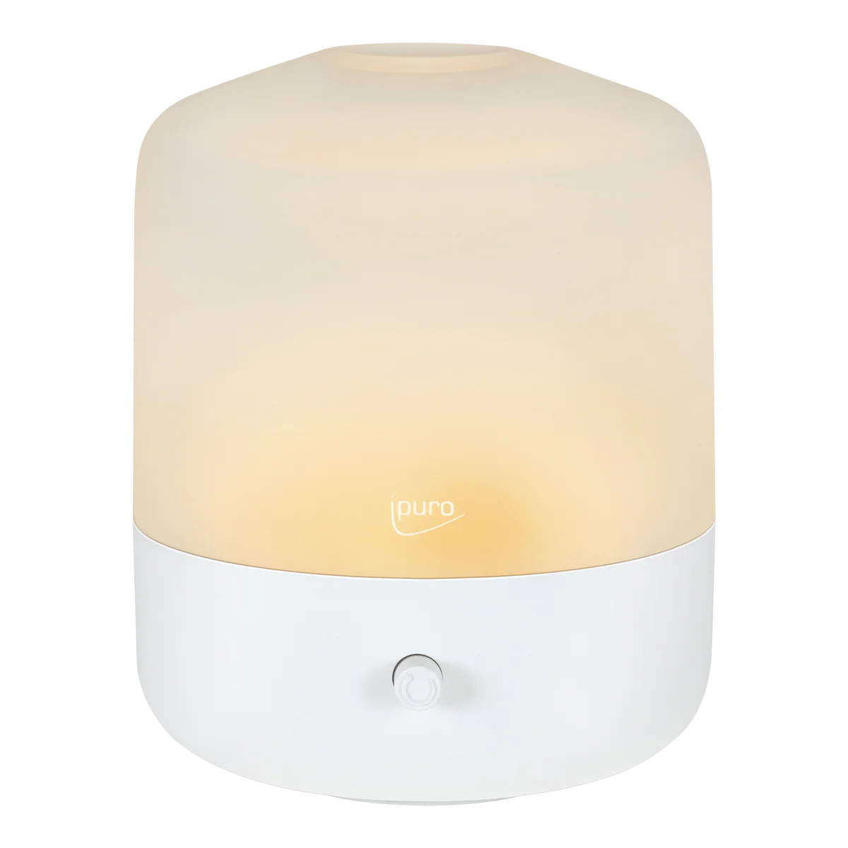 Le Diffuseur AIR SONIC ipuro est un diffuseur d'arômes électrique blanc avec une partie supérieure cylindrique givrée qui émet une douce lumière chaude. Sa base comporte un bouton d'alimentation et le nom de la marque "ipuro" imprimé sur la face avant.
