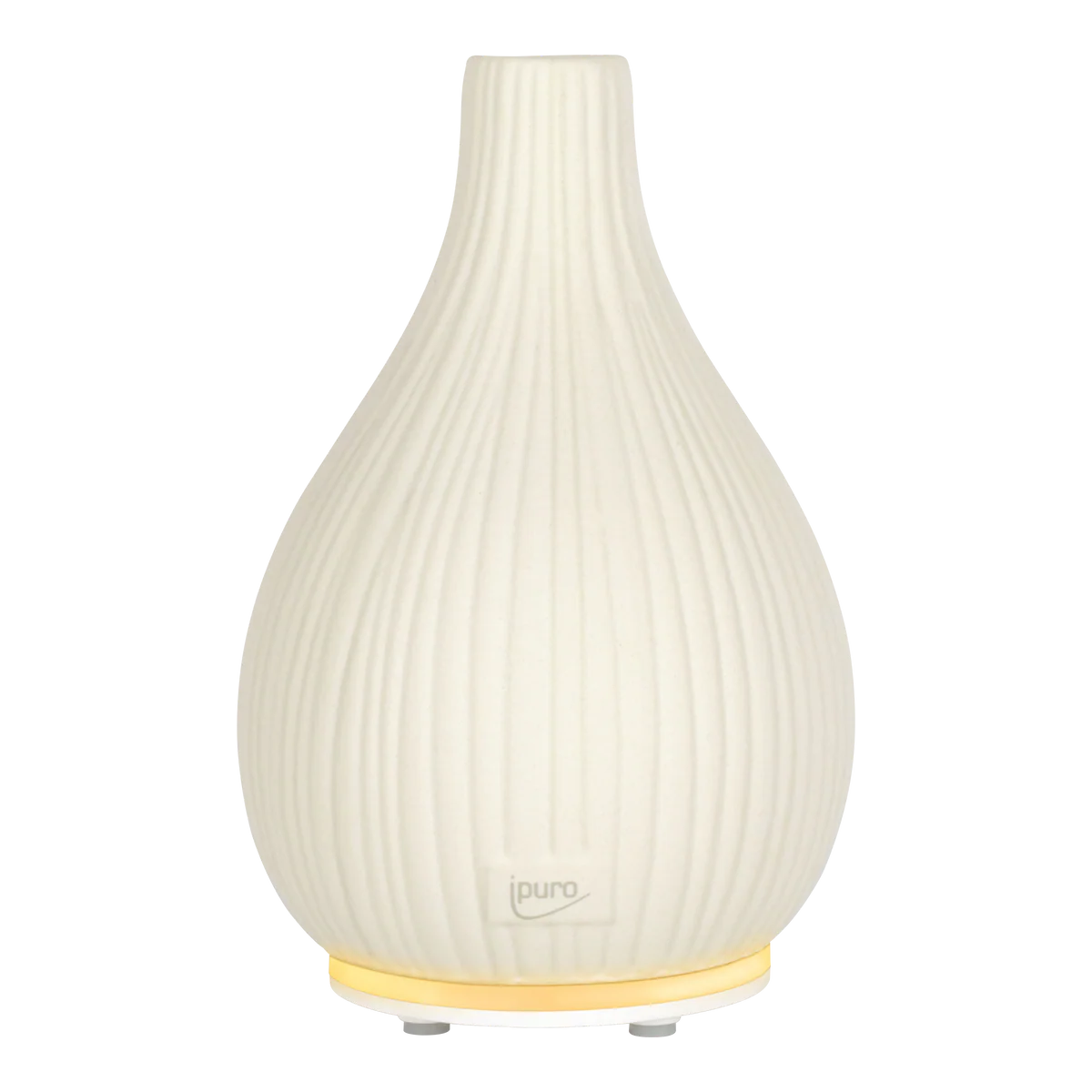 Le Diffuseur AIR SONIC Vase est un diffuseur d'arômes blanc, nervuré, en forme de goutte d'eau, avec une douce lumière jaune à la base et le nom de la marque "ipuro" près du fond, qui se tient debout sur une surface plane.