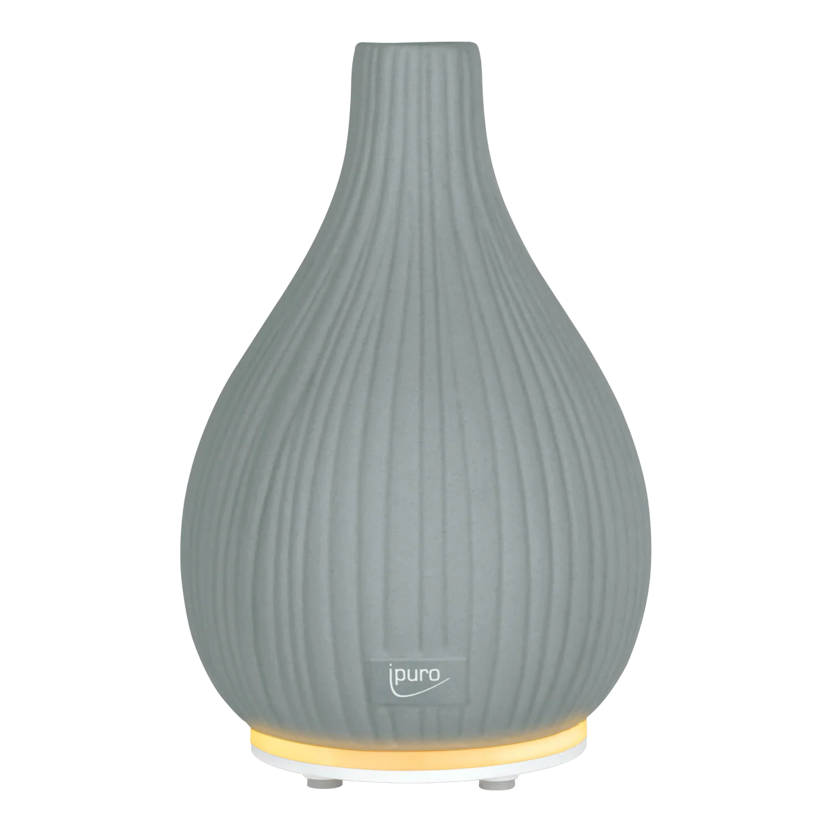 Le Diffuseur AIR SONIC Vase est un diffuseur d'arômes gris en forme de goutte d'eau avec des stries verticales, un logo "ipuro" subtil sur le devant et une lumière jaune chaude à la base.