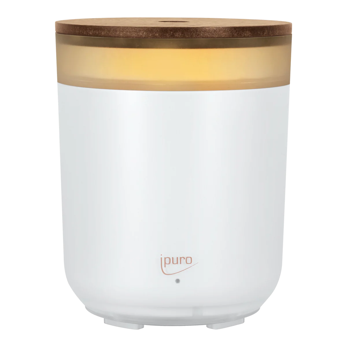 Le Diffuseur bougie ipuro est un diffuseur d'arômes cylindrique blanc avec un couvercle en bois, une lumière jaune douce et l'étiquette "ipuro" sur le devant.