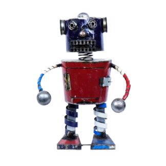Le Robot Fire Up1 métal 52cm présente un design métallique d'inspiration vintage avec des couleurs vibrantes et aléatoires, se tenant debout sur un fond blanc.