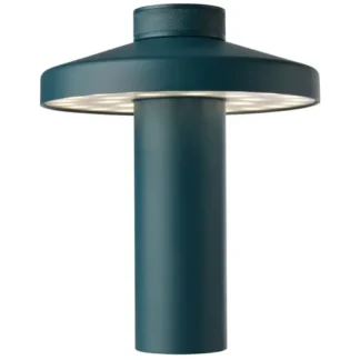 Lampe d'extérieur moderne de couleur sarcelle foncée avec un large sommet plat et une base cylindrique, dotée d'un anneau de lumières LED sous l'abat-jour.