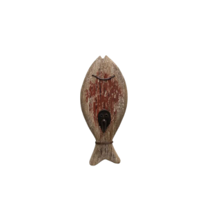 Affichez votre Crochet mural poisson 22 cm avec ce crochet mural rustique en bois, en forme de poisson, avec une finition rouge et grise vieillie et un crochet central robuste en métal.