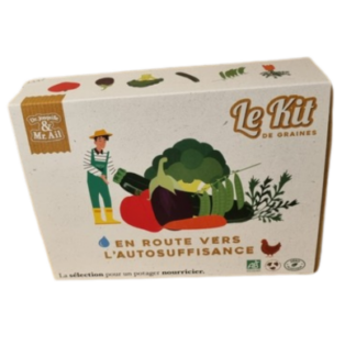 Une boîte intitulée "Kit potager autosuffisant" présente un agriculteur, divers légumes, le texte "En route vers l'autosuffisance", ainsi que des icônes représentant un poulet, un arrosoir et des logos de certification.