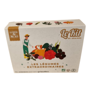 Une boîte étiquetée "Kit légumes extraordinaires" avec de vibrantes illustrations de légumes et un personnage en salopette et chapeau. Le texte français indique "Les Légumes Extraordinaires" et affiche des icônes de certification écologique.