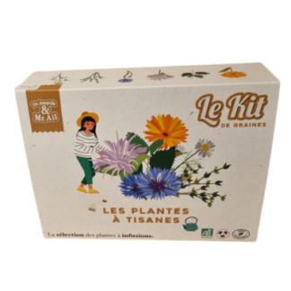 Une boîte intitulée "Kit plantes à tisanes" présente une femme et des herbes à fleurs, comporte le texte "Les Plantes à Tisanes" et affiche les logos de la certification biologique et de l'emballage respectueux de l'environnement.