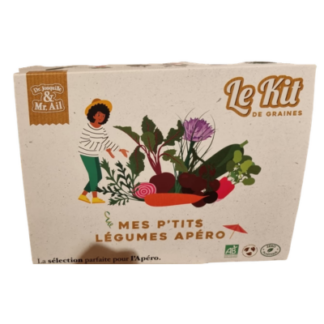 Une boîte en carton du "Kit légumes apéro jardin" présente une illustration d'une femme récoltant des légumes et affiche le texte français "Le Kit de Graines : Mes P'tits Légumes Apéro", ainsi que divers logos de certification.