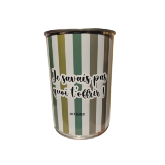 Sur un fond blanc uni, la boîte de conserve "Kit à semer - Je ne savais pas quoi t'offrir" est ornée de bandes verticales vertes, blanches et grises. Le texte noir indique "Je ne savais pas quoi t'offrir !" et le mot "Kit à semer" est mis en évidence en dessous.