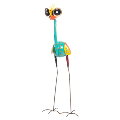 Ajoutez une touche funky à votre espace avec l'Emu funky up metal deco 90cm - une sculpture colorée et fantaisiste en métal représentant un corps bleu, de grands yeux, un bec orange, une couronne jaune et de longues pattes minces se tenant debout.