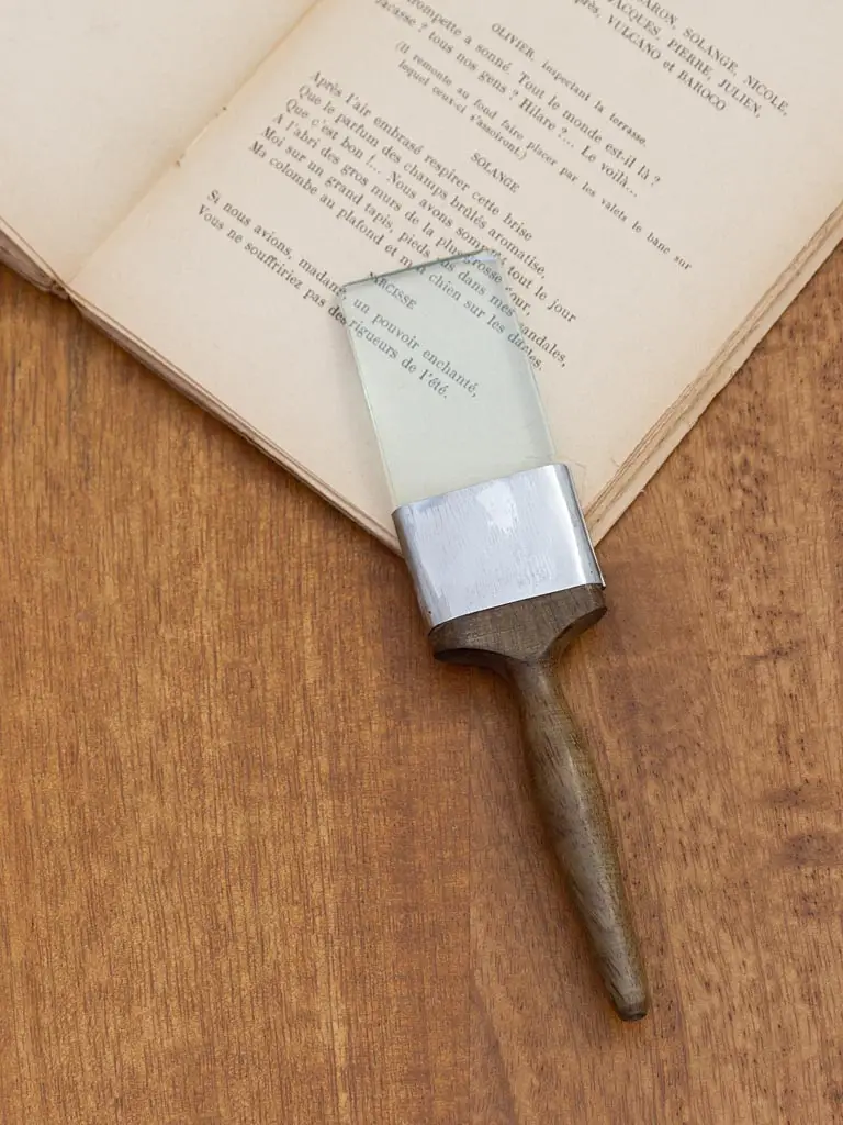 Une Loupe manche bois 17 cm est utilisée comme marque-page dans un livre ouvert sur une surface en bois, le manche reposant sur la table et la lentille étant placée entre les pages.