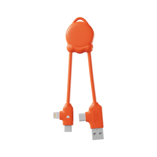 Le Câble Octo Mini est un câble de charge multifonctionnel orange avec un capuchon rond, doté de connecteurs USB, USB-C et Lightning, présenté sur fond blanc.
