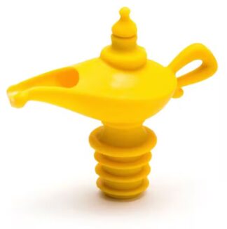 Le Bec verseur Oiladdin est un bouchon de bouteille jaune en forme de lampe de génie, doté d'un bec, d'une poignée et d'une base en forme de vis pour une fixation sûre dans les ouvertures de bouteilles.