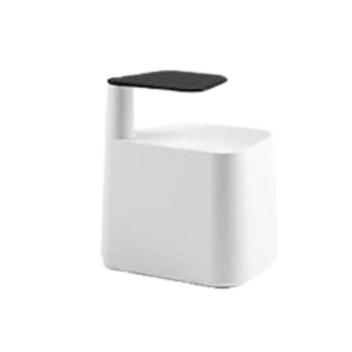 Le Poste télétravail avec tablette pivotante est un tabouret blanc moderne et minimaliste doté d'une table d'appoint noire intégrée et surélevée fixée à l'un des coins.