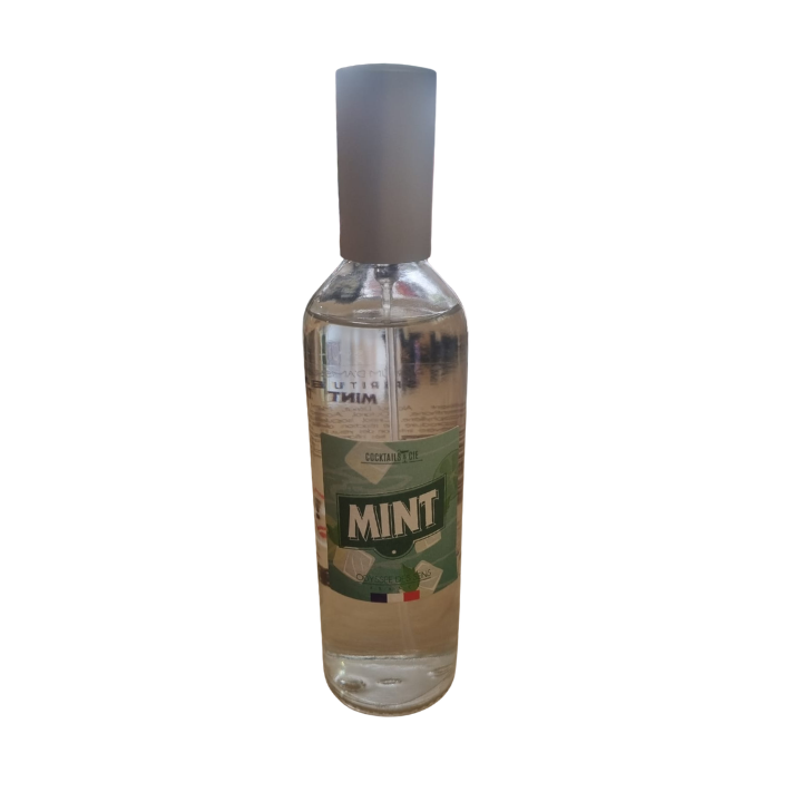 Flacon transparent avec bouchon gris contenant le liquide Parfum d'ambiance Kir Cassis. L'étiquette verte porte la mention "MINT" en caractères blancs gras et avec des motifs géométriques. Le flacon est présenté sur un fond blanc uni.