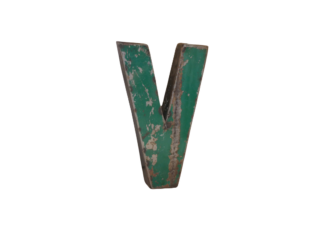 Une grande Lettre V déco métal recyclé de 22 cm, en trois dimensions, à la peinture verte et aux bords usés, évoquant un aspect vintage, est présentée isolée sur un fond blanc.
