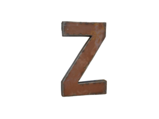 Grande lettre "Z" en métal recyclé de couleur rouille (Lettre Z déco métal recyclé 22cm) à la surface altérée et légèrement irrégulière, isolée sur un fond blanc.