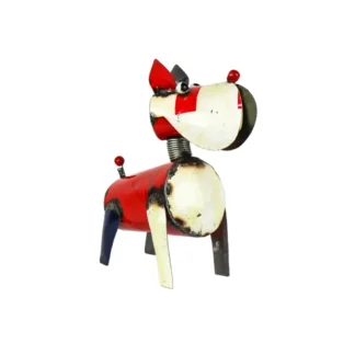 La sculpture en métal Bulldog Up (37) présente des traits faciaux exagérés et un corps cylindrique reposant sur quatre pattes. Chaque pièce est disponible dans des couleurs aléatoires et est photographiée sur un fond blanc.