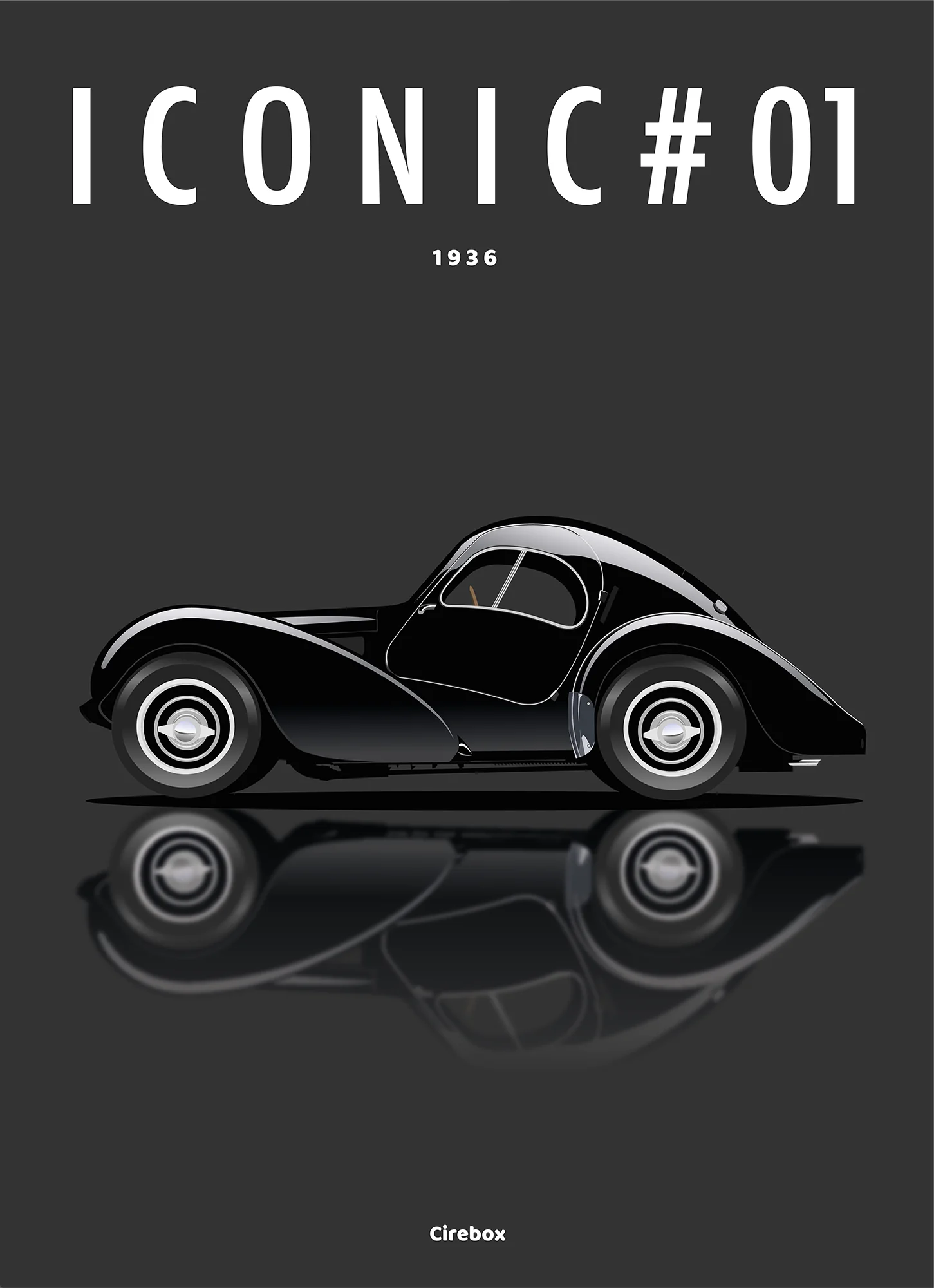 Illustration numérique d'une voiture de collection noire et élégante aux lignes courbes, représentée de profil sur un fond sombre. Le texte au-dessus indique "ICONIC #01 1936". Le reflet de la voiture apparaît en dessous.