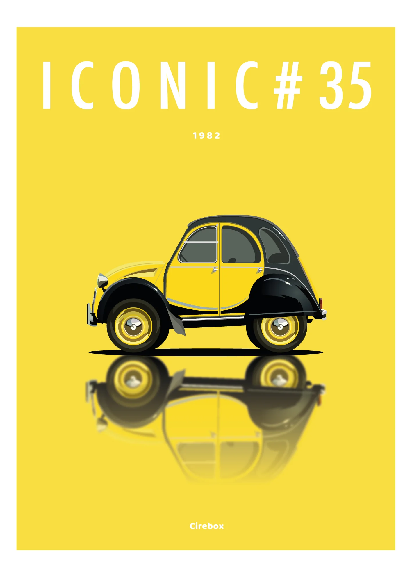 Un graphique d'une voiture classique jaune et noire avec son reflet en dessous, centré sur un fond jaune vif. Le texte au-dessus indique "ICONIC #35" et "1982", avec "Cirebox" en bas.