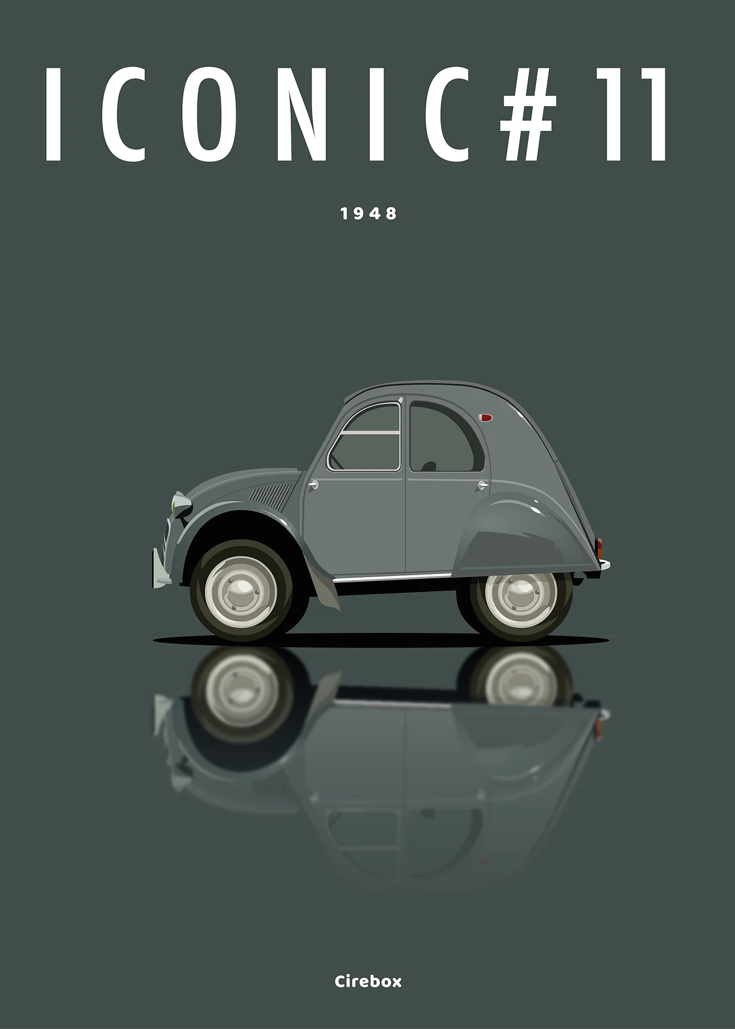 Illustration minimaliste d'une voiture Citroën 2CV grise classique sur un fond sombre, avec les textes "ICONIC#11", "1948" et "Cirebox" au-dessus et au-dessous de la voiture. La voiture se reflète en dessous.