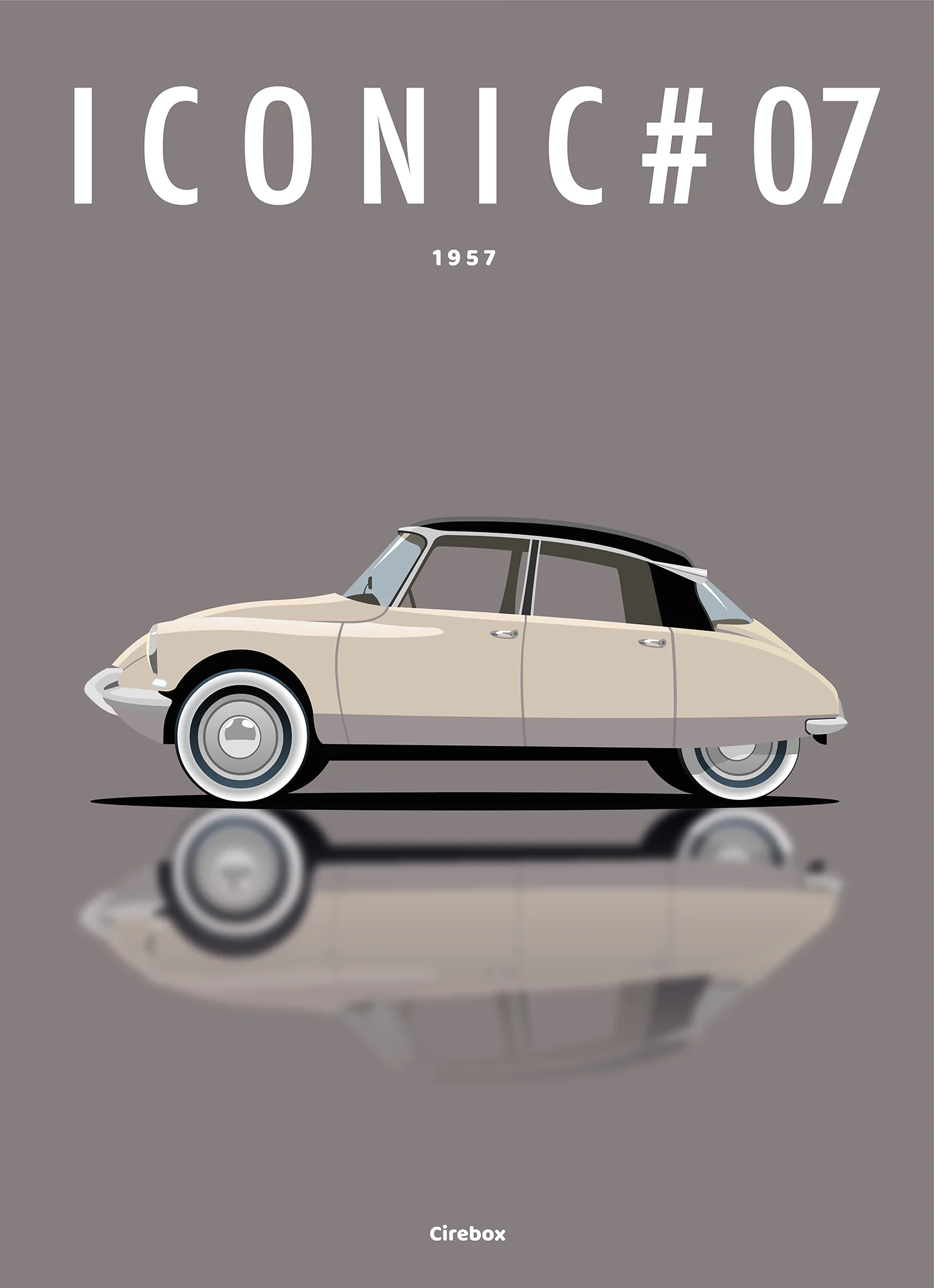 Illustration d'une voiture vintage beige avec un toit noir, représentée de profil sur un fond gris. Le texte au-dessus indique "ICONIC #07, 1957". La voiture projette un léger reflet en dessous d'elle.