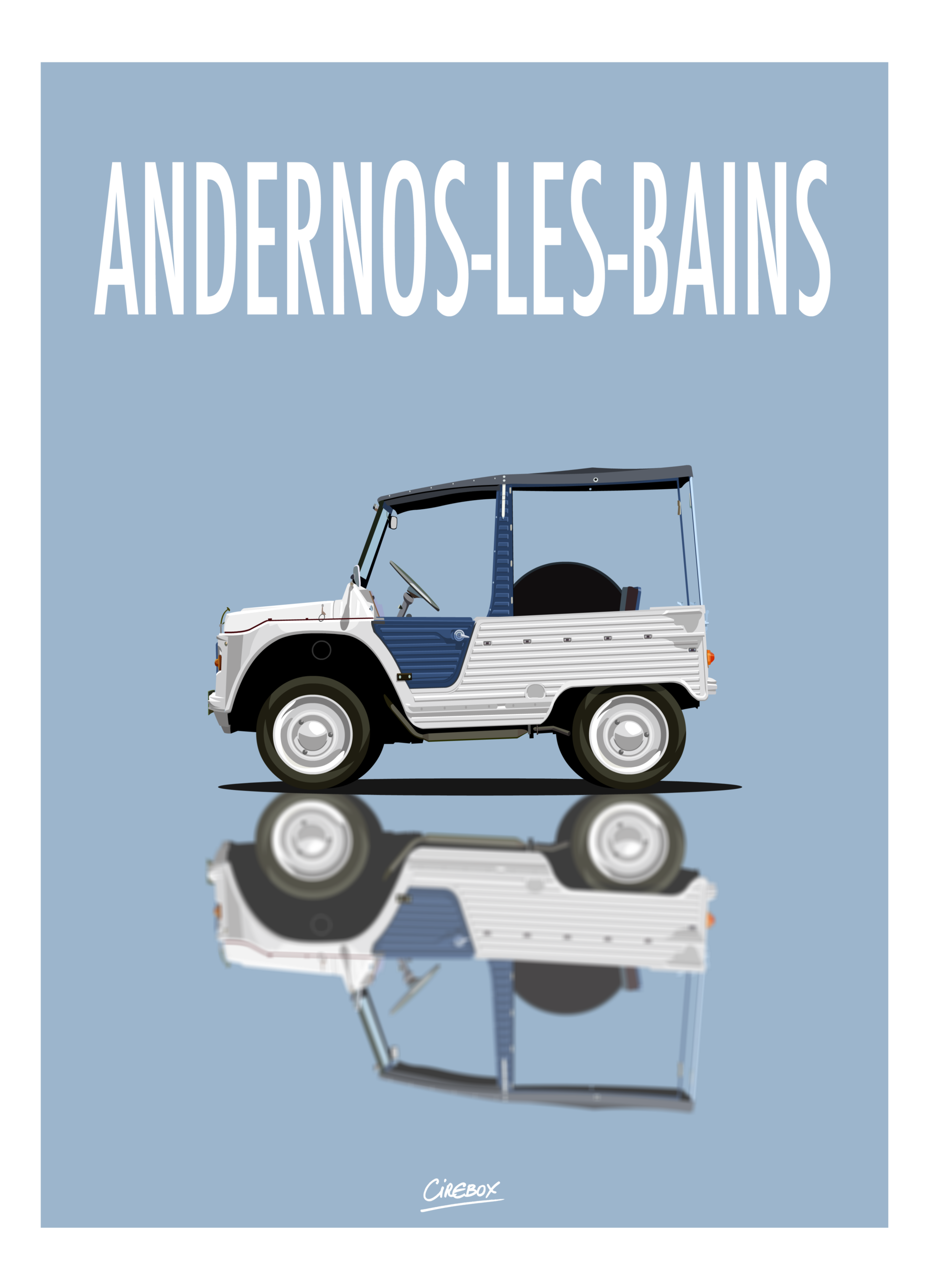 Illustration d'une voiture décapotable blanche avec un toit bleu sur un fond bleu. Au-dessus de la voiture, un texte en gros caractères indique "ANDERNOS-LES-BAINS". Le reflet de la voiture apparaît en dessous.