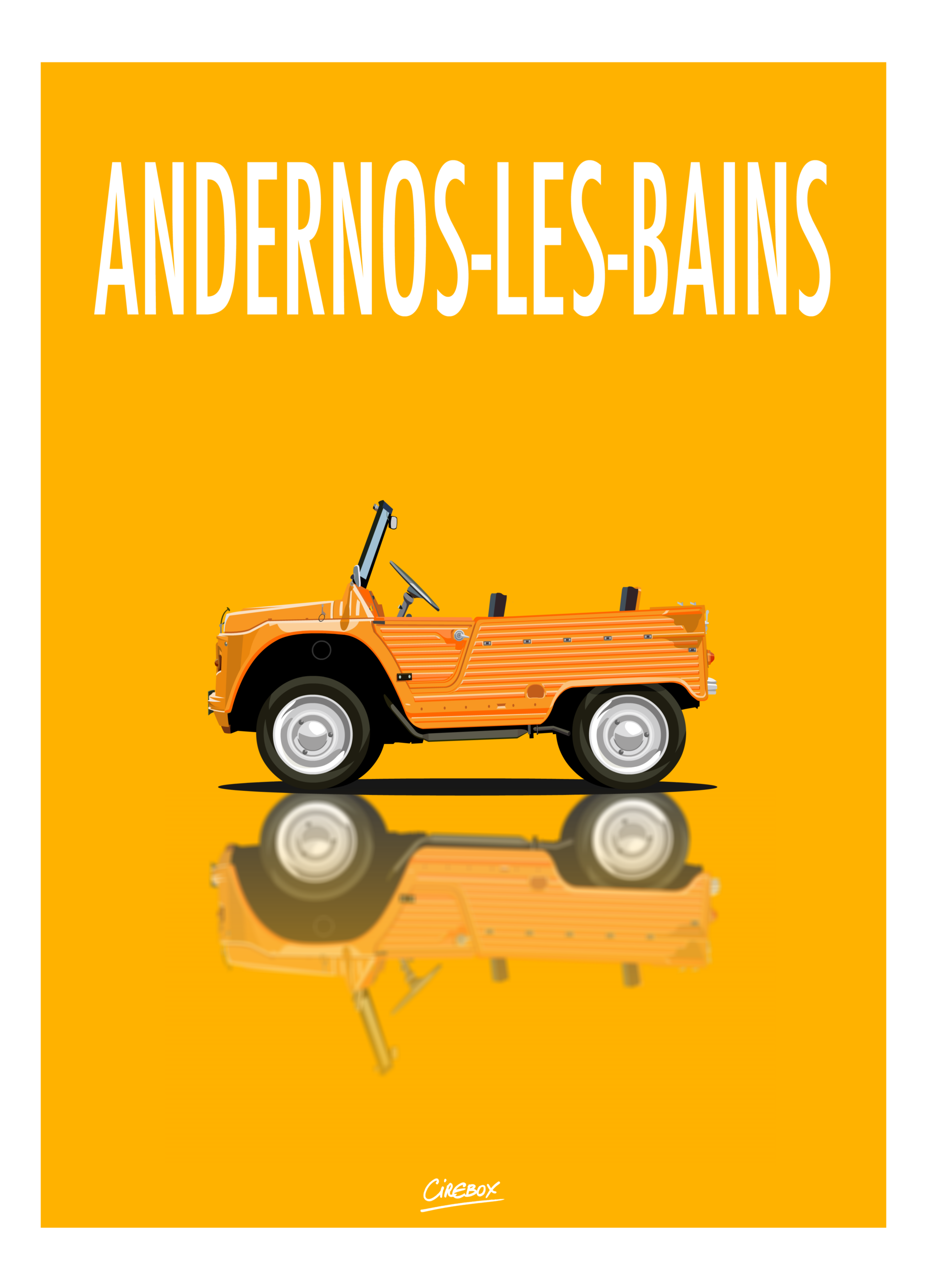 Illustration d'une voiture décapotable vintage orange avec un toit noir sur un fond jaune vif, avec le texte "ANDERNOS-LES-BAINS" en haut en grandes lettres blanches.