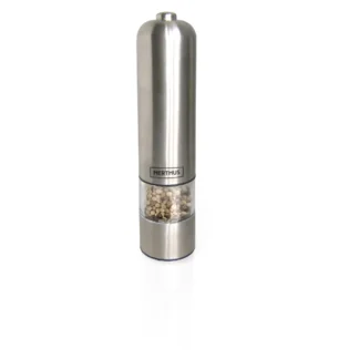 Le Moulin Électrique Inox est un moulin à poivre électrique en acier inoxydable avec une section transparente pour les grains de poivre blanc et l'étiquette "NERTHUS" sur le devant.