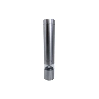 Le Moulin Électrique Inox est un moulin à poivre électrique en acier inoxydable avec une base transparente pour voir les grains de poivre, présenté debout sur un fond blanc.