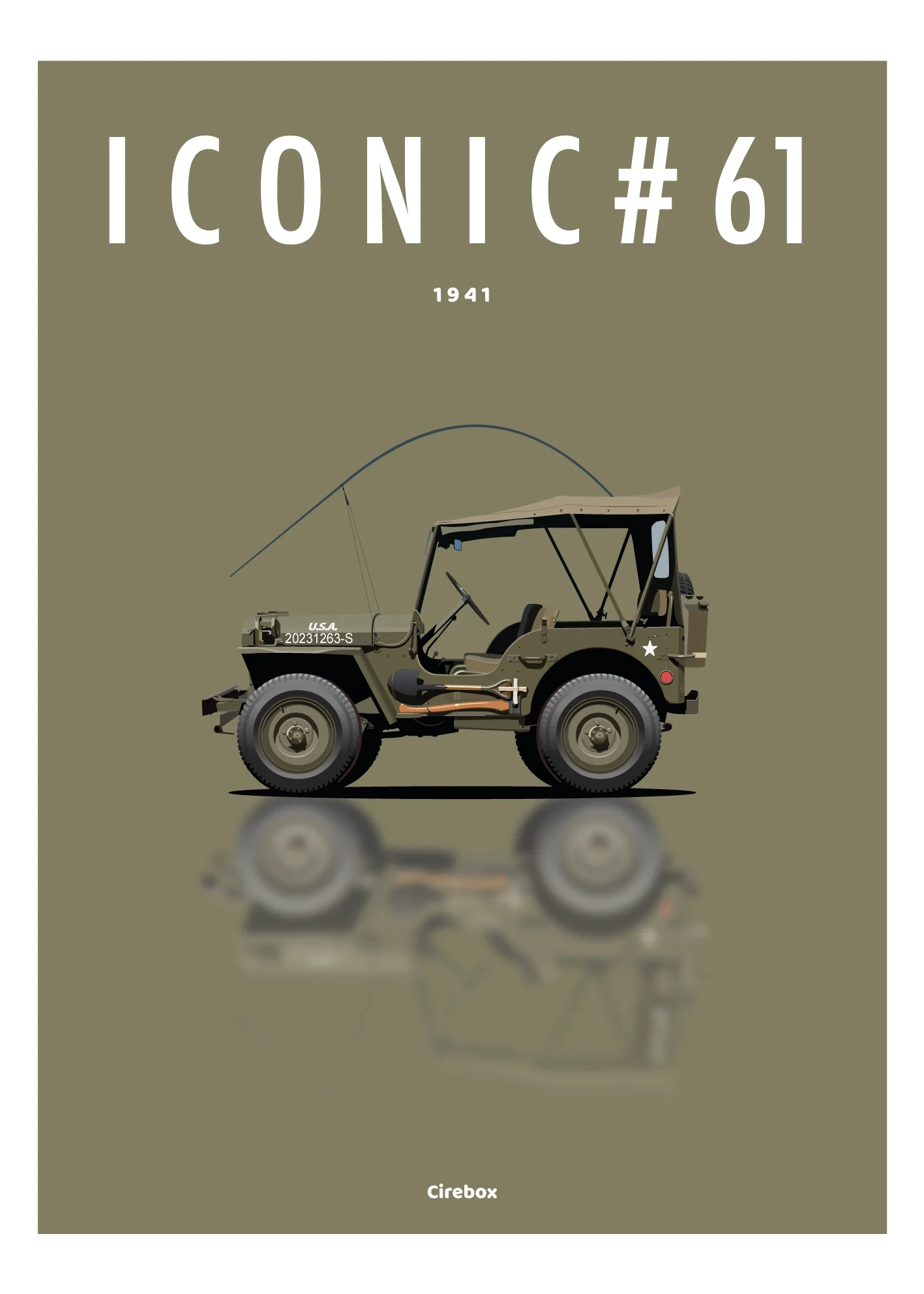 Affiche minimaliste représentant une Jeep militaire classique avec les textes "ICONIC #61" et "1941" au-dessus d'elle. La Jeep est représentée en vue latérale sur un fond olive avec son reflet en dessous.