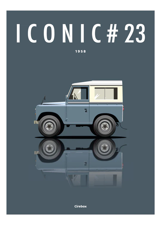 Affiche minimaliste représentant une Land Rover bleue et blanche de 1958 avec son reflet en dessous, portant l'inscription "ICONIC#23" en haut et "1958" en petit texte au-dessus du véhicule.