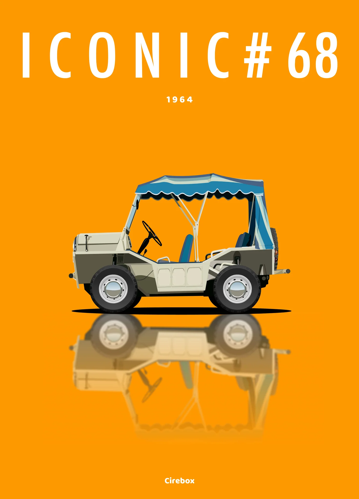 Illustration d'un véhicule vintage de type jeep avec un toit bleu sur fond orange. Le texte au-dessus indique "ICONIC #68 1964". Le véhicule se reflète en dessous comme sur une surface brillante.