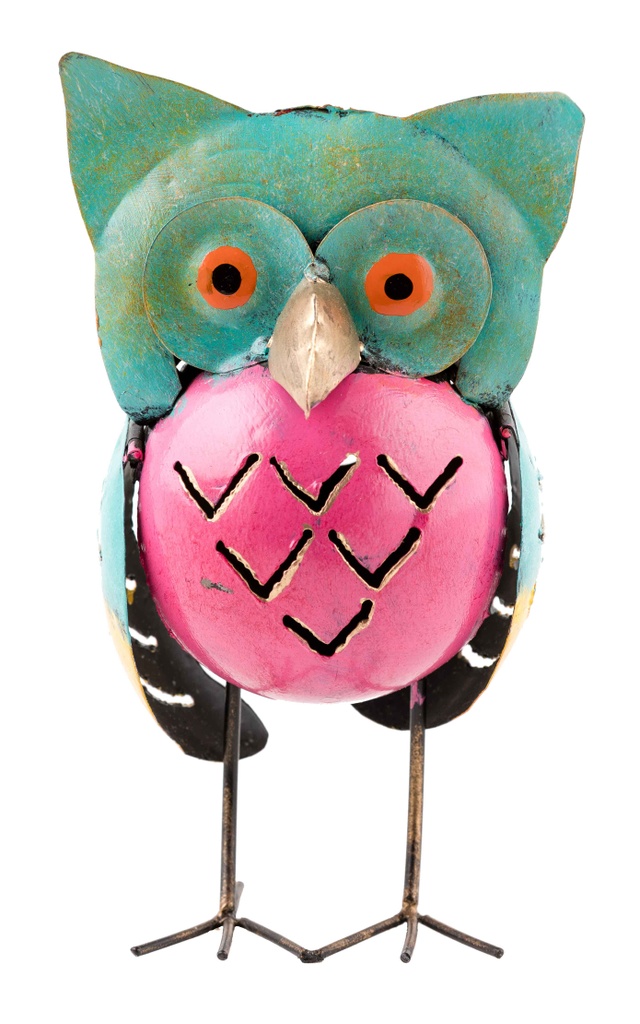 Le Hibou Boule Métal (couleurs aléatoires) est une figurine de hibou en métal coloré avec des motifs de plumes découpés, des traits vibrants et de fines pattes en métal, représentée debout sur un fond blanc.