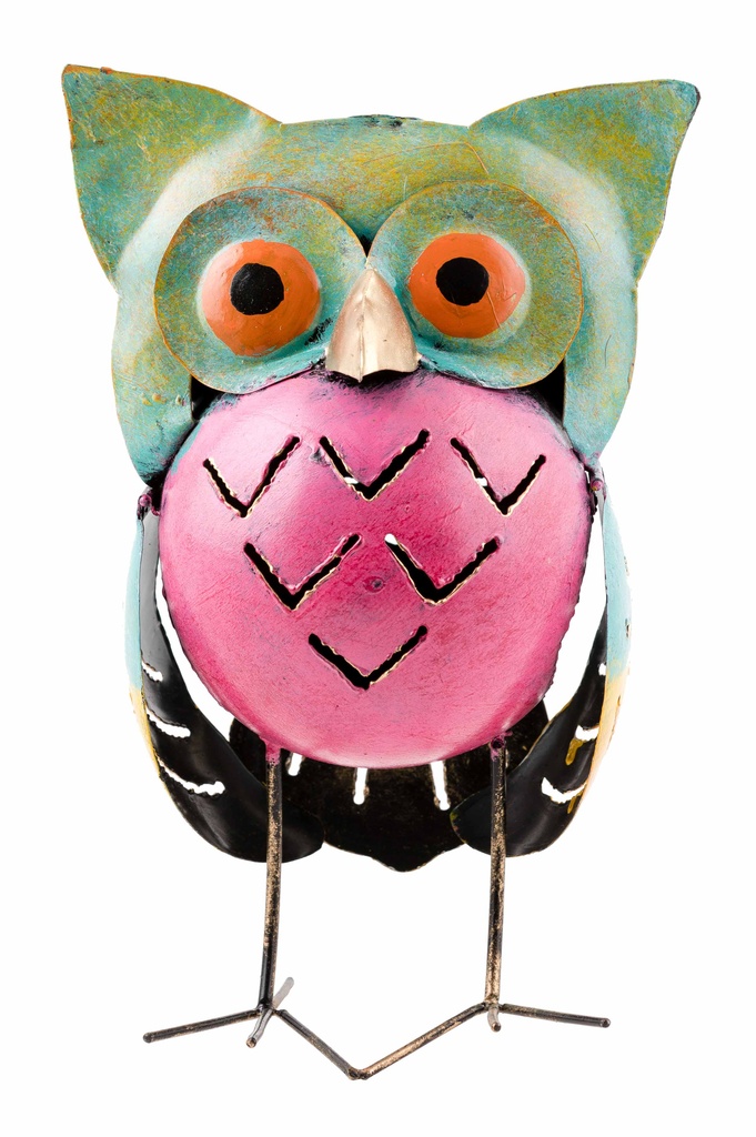 Le Hibou Boule Métal-14 est une sculpture de hibou en métal coloré avec une tête turquoise, de grands yeux orange, un corps rose et de fines pattes en métal. Les couleurs sont assorties. Le hibou se tient debout sur un fond blanc.