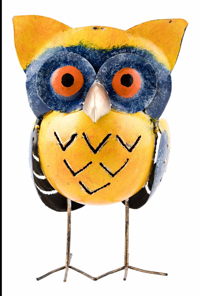 Le Hibou Boule Métal-14- est une figurine de hibou en métal de couleur vive avec un corps jaune, des ailes et des yeux bleus, des cercles oculaires orange, des marques noires, un bec blanc et de fines pattes en fil de fer. Les couleurs sont aléatoires. Représenté debout sur un fond blanc.