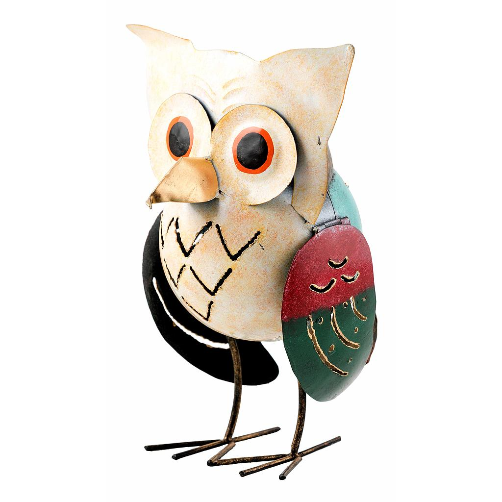 Le Hibou Boule Métal (couleurs aléatoires) est une sculpture décorative de hibou en métal avec de grands yeux ronds, un bec pointu, des ailes peintes en couleurs et de longues pattes fines, qui se tient debout sur un fond blanc.