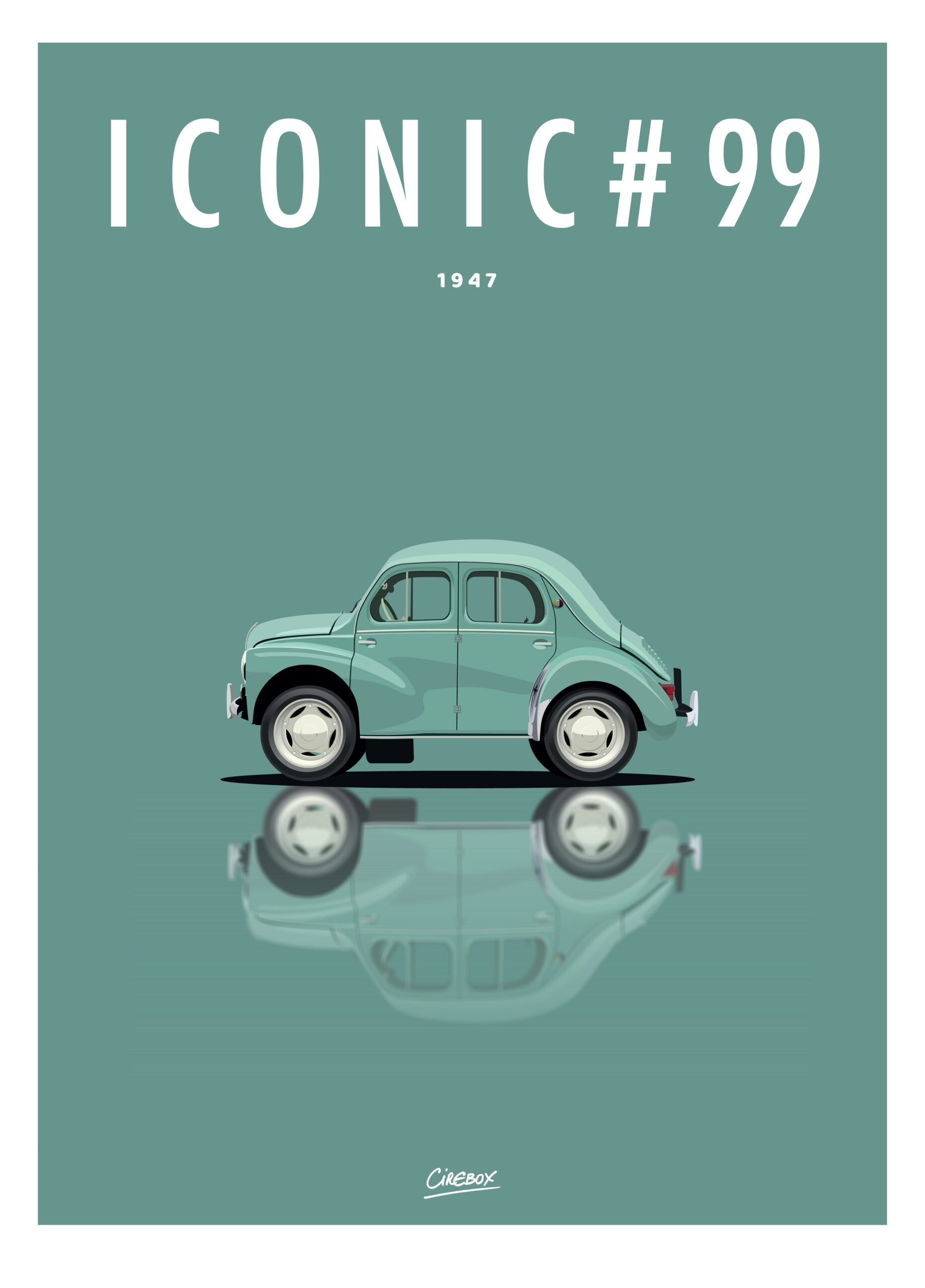 Illustration minimaliste d'une voiture vintage verte avec des pneus blancs, représentée de profil sur un fond sarcelle. Le texte au-dessus indique "ICONIC #99 1947". La voiture se reflète en dessous.